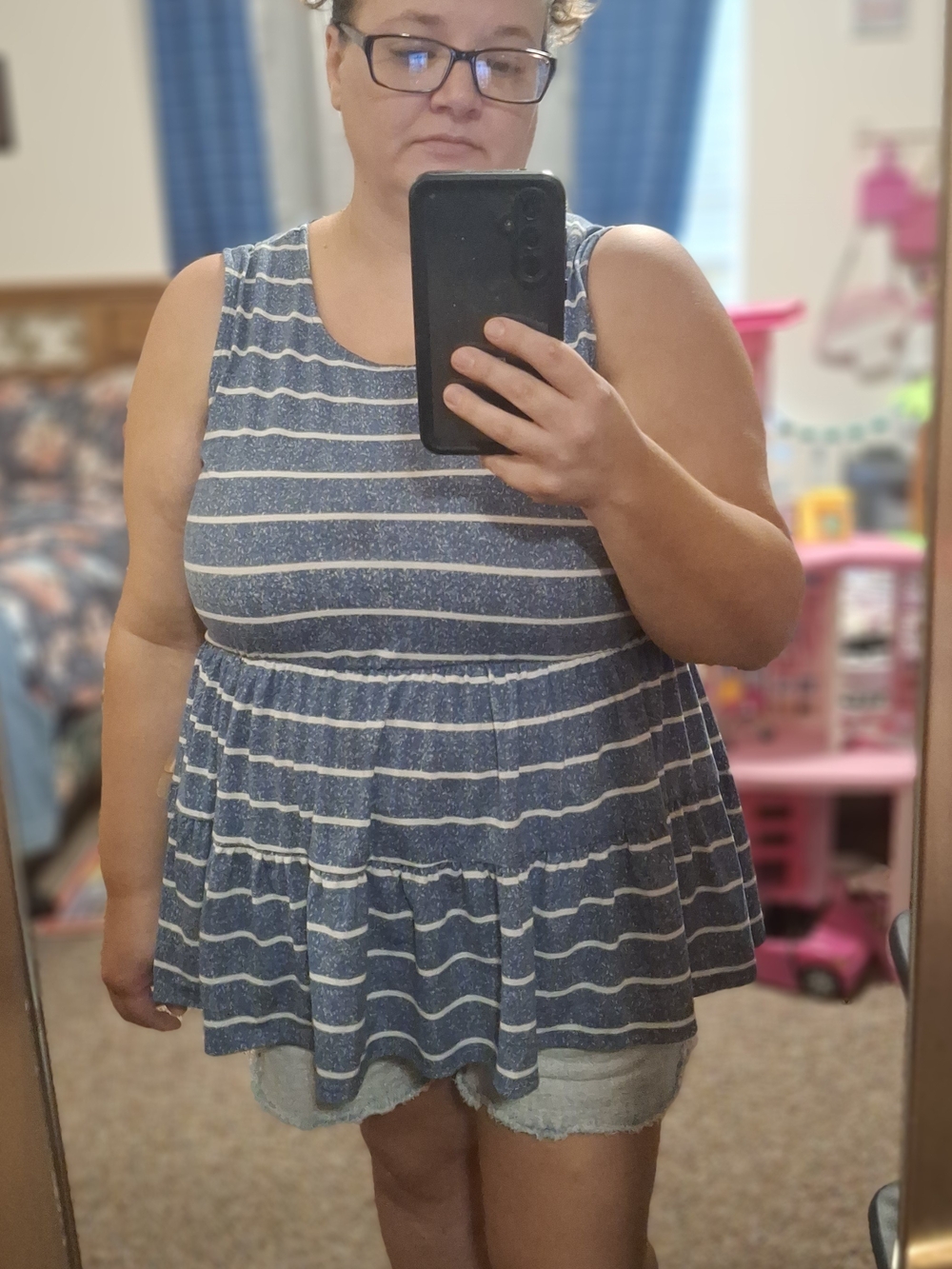 LuLaRoe Blue and White Striped Peplum Tank Top